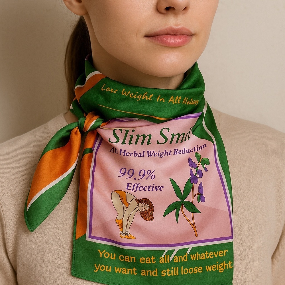 Vintage Silk Scarf “Slim Smile” – Retro Weight Loss Ad Parody – 19”x19”